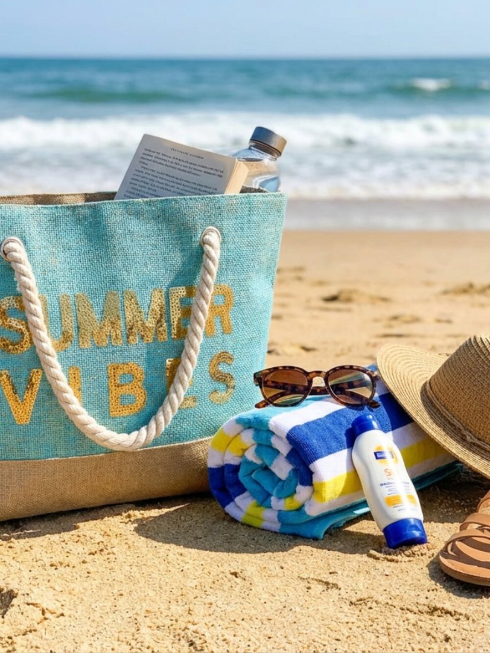 Beach Bag Summer Vibes Metallic Turquois Canvas Tote Sequin Vacation